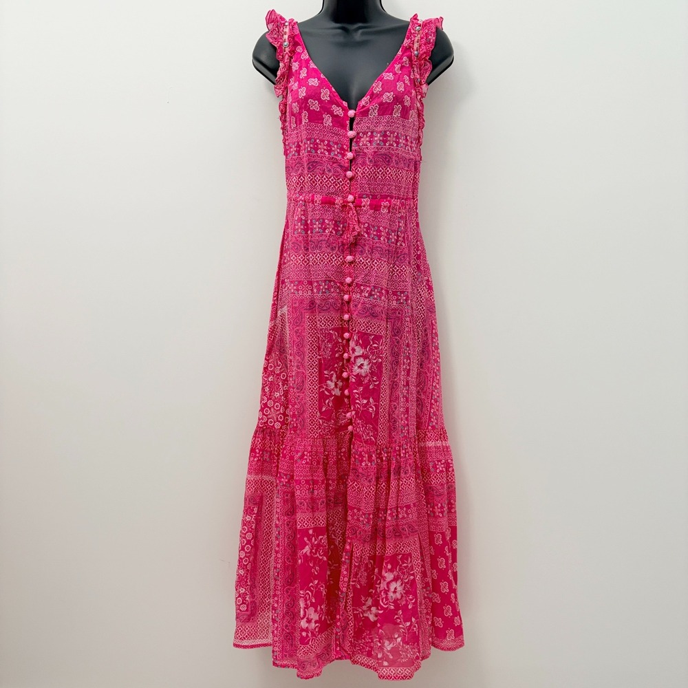 Anjuna Pink Paisley Floral Patchwork Maxi Dress Open Back Ruffle Made in Italy